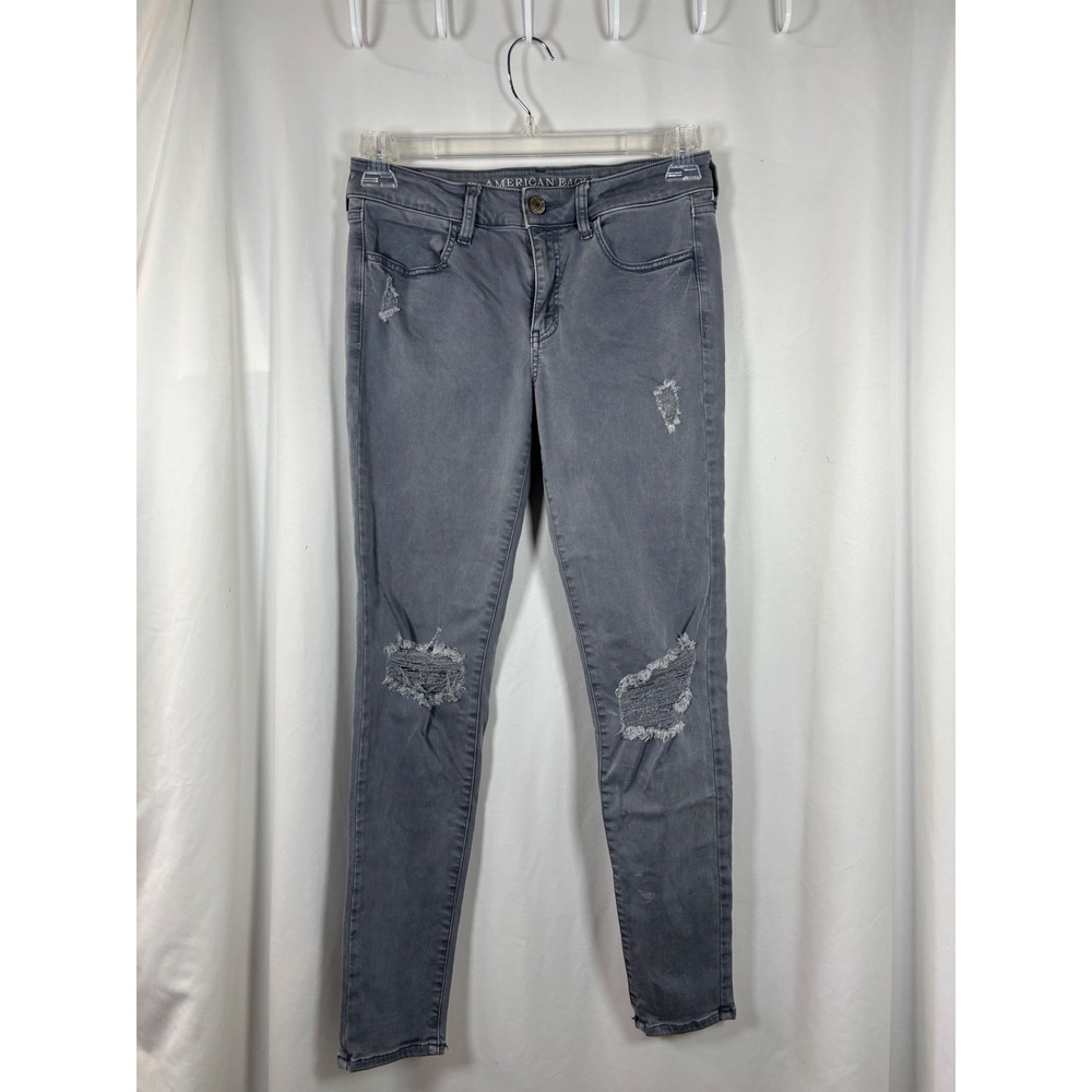 American Eagle Super Stretch Gray Distressed Ripped Jegging Jeans Size 8 Regular